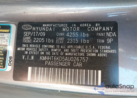 2010 Hyundai Genesis 2.0T Premium from USA, damaged, VIN KMHHT6KD5AU026757